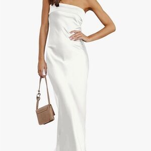 Strapless, long white satin dress